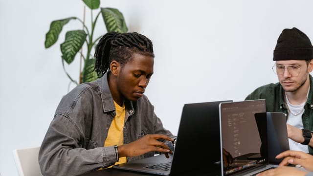 Colleagues working side by side on laptops at a shared desk
