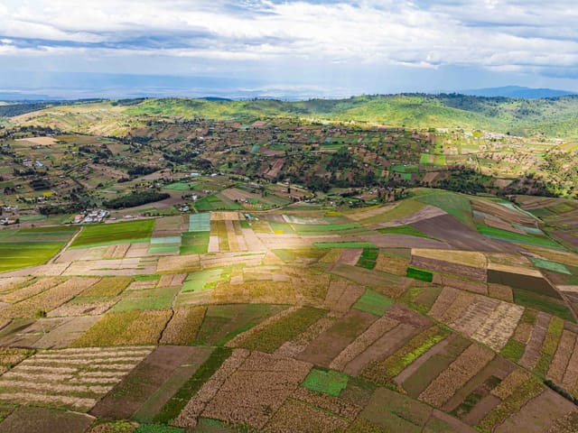 Aerial view of patchwork farm plots and green hills in Mau Narok, Kenya