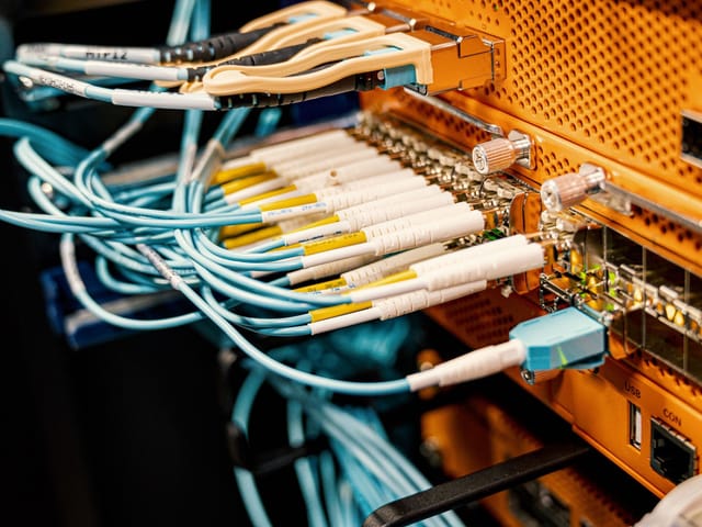 Fibre optic patch cables plugged into network equipment