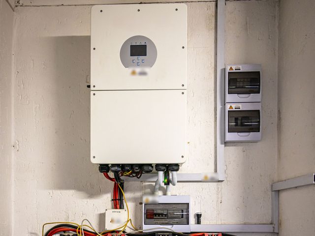Wall-mounted hybrid inverter with breaker boxes and battery cabling in a plant room